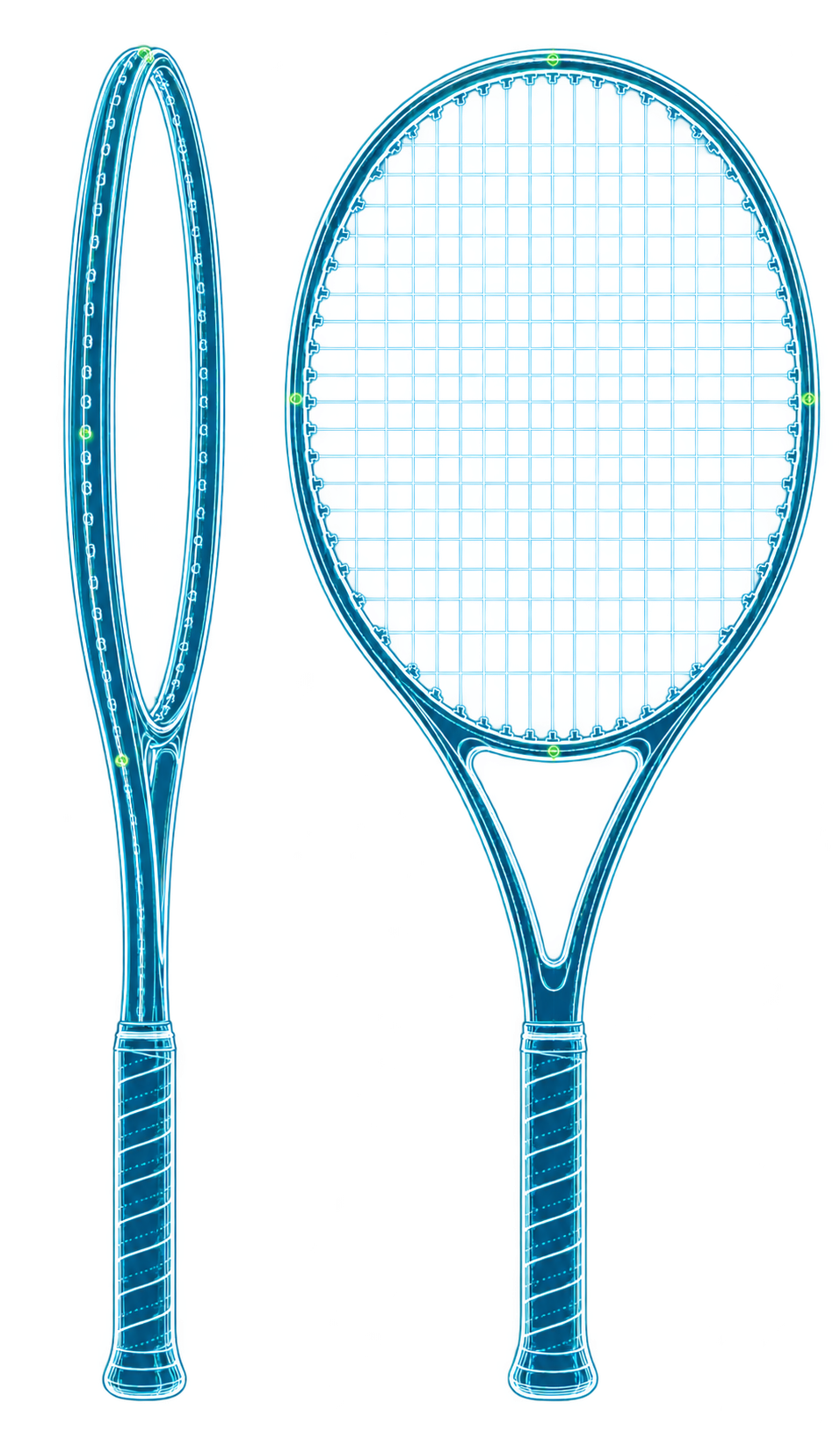 Plano técnico frontal y lateral de una raqueta de tenis